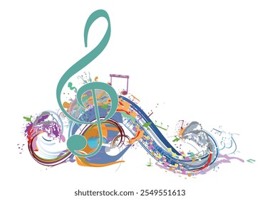 Abstractas diseño musical con una clave de agudos y salpicaduras de colores, notas y ondas.  Colorido agudo clef. Ilustración vectorial dibujada a mano.