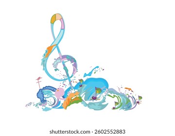 Abstract musical design with a treble clef and colorful splashes, notes and waves.  Colorful treble clef. Hand drawn vector illustration.