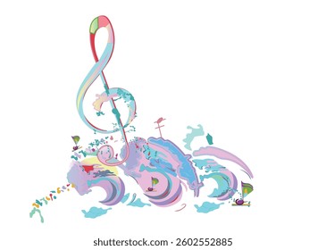 Abstract musical design with a treble clef and colorful splashes, notes and waves.  Colorful treble clef. Hand drawn vector illustration.