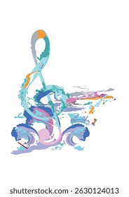 Abstract musical design with a treble clef and colorful splashes, notes and waves.  Colorful treble clef. Hand drawn vector illustration.