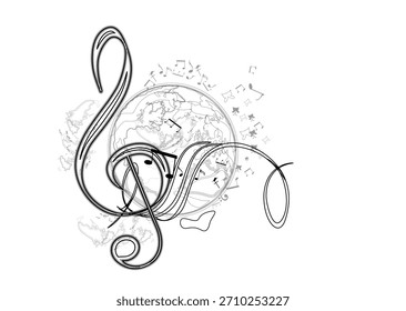 Abstractas diseño musical con una clave de agudos y Planeta Tierra, salpicaduras de colores, notas y ondas.  Música del planeta. Ilustración vectorial dibujada a mano.