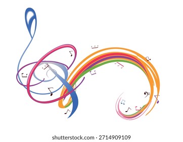 Abstractas diseño musical con una clave de agudos y salpicaduras de colores, notas y ondas.  Colorido agudo clef. Ilustración vectorial dibujada a mano.