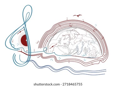 Abstractas diseño musical con una clave de agudos y Planeta Tierra, salpicaduras de colores, notas y ondas.  Música del planeta. Ilustración vectorial dibujada a mano.