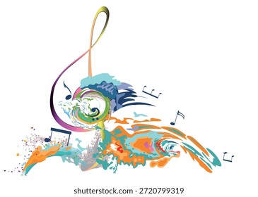 Abstract musical design with a treble clef and colorful splashes, notes and waves.  Colorful treble clef. Hand drawn vector illustration.