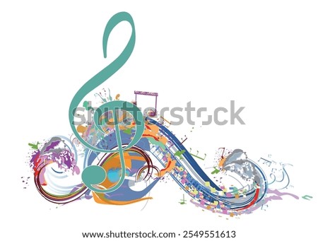 Abstract musical design with a treble clef and colorful splashes, notes and waves.  Colorful treble clef. Hand drawn vector illustration.