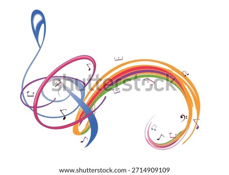 Abstract musical design with a treble clef and colorful splashes, notes and waves.  Colorful treble clef. Hand drawn vector illustration.