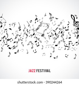 Abstract musical frame and border with black notes on white background. Vector Illustration for music design. Modern pop  concept art melody banner. Sound key decoration with music symbol sign.