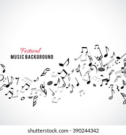 Abstract musical frame and border with black notes on white background. Vector Illustration for music design. Modern pop  concept art melody banner. Sound key decoration with music symbol sign.