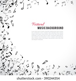 Abstract musical frame and border with black notes on white background. Vector Illustration for music design. Modern pop  concept art melody banner. Sound key decoration with music symbol sign.