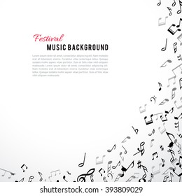 Abstract musical frame and border with black notes on white background. Vector Illustration for music design. Modern pop  concept art melody banner. Sound key decoration with music symbol sign.