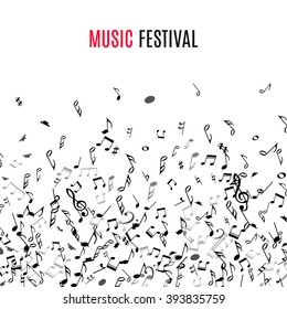 Abstract musical frame and border with black notes on white background. Vector Illustration for music design. Modern pop  concept art melody banner. Sound key decoration with music symbol sign.