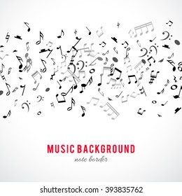 Abstract musical frame and border with black notes on white background. Vector Illustration for music design. Modern pop  concept art melody banner. Sound key decoration with music symbol sign.