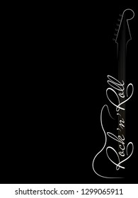 Abstract musical logo. Black and white music background. Guitar and inscription rock'n'roll on black background. Design of invitation to party, disco, music banner, flyer, cover. Vector illustration