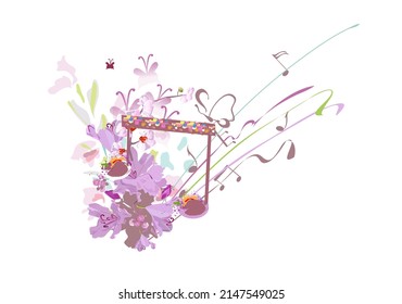 Abstract musical notes decorated with summer and spring flowers, palm leaves, notes, birds. Hand drawn musical vector illustration.