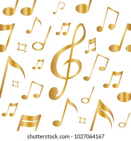 Abstract Musical notes seamless pattern, Gold notes on white background, Vector illustration