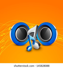 Abstract musical notes with speakers on yellow background.
