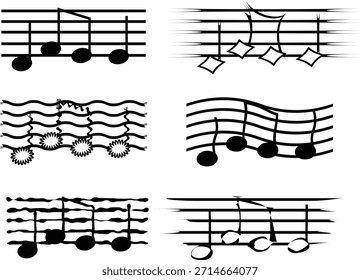 Abstractas notas musicales y Vector de líneas de personal en estilo blanco y negro. Esta colección presenta notación musical expresiva con líneas dinámicas, efectos de movimiento y distorsiones artísticas.