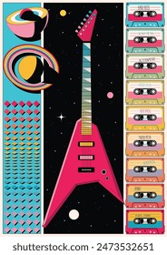 Abstract Musical Poster. Electric Guitar, Audio Cassettes, Saturn, Space, Geometric Background, Original Colors. Poster for Musical Event, Party