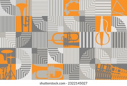 Afiche musical abstracto. Patrón de mosaico geométrico. Bandas, líneas curvas y silohuetas de instrumentos. Diseño mural moderno. Los colores gris y naranja.