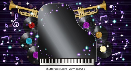 Abstract musical poster with notes, retro vinyl records and musical instruments. Vector illustration. 