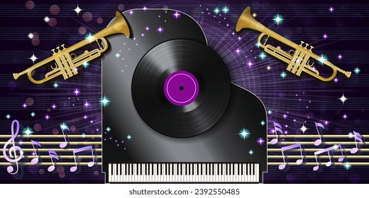 Abstract musical poster with random notes, retro vinyl record and musical instruments. Vector illustration. 