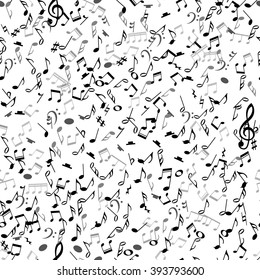 Abstract musical seamless pattern with black notes on white background. Vector Illustration for music design. Modern pop  concept art melody banner. Sound key decoration with music symbol sign.