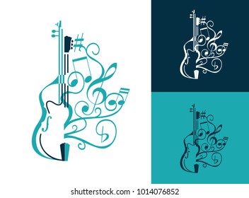 abstract musical sign with double bass, guitar lines, swirls and notes, g clef. vector