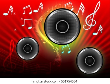Abstract musical with speakers on red background