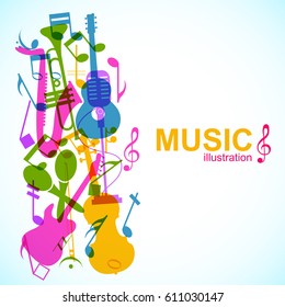 Abstract musical template with colorful music instruments stage microphone and notes on light background vector illustration