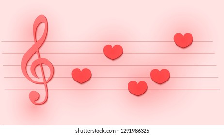 Abstract musical template with treble clef and note like a hearts for wedding card or Valentine's day banner, flyer, invitation. Paper cut and craft style on pastel background. 3d vector illustration