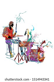 Abstract musician plays the drums decorated with  colorful splashes. Hand drawn vector musical illustration.