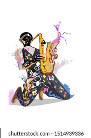 Abstract musician with a saxophone decorated with a treble clef and colorful splashes. Hand drawn vector musical illustration.