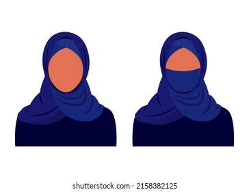 Abstract muslim woman in traditional dark hijab clothes open and close face. Arab girl in dress. Vector illustration isolated