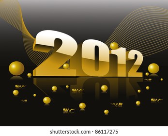 abstract mustard wave background with 3d effect 2012 with glossy balls vector for new year celebration