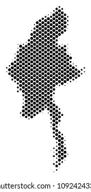 Abstract Myanmar map. Vector halftone territorial plan. Cartographic pixelated composition. Schematic Myanmar map is constructed of regular round dot matrix.