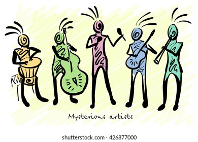 Abstract mysterious musicians. Corporate identity sketch. Vector illustration