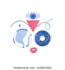 Abstract mysterious surreal composition with eye, different textured geometric shapes and lines. Contemporary art. Blue and red colors. Hand drawn style. Cover, card, print on clothes, poster. Vector