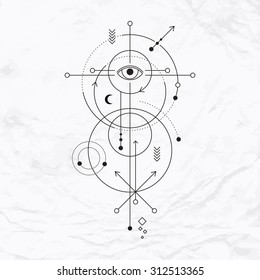 Abstract mystic sign with geometric shapes, chevrons, arrows, circles, and alchemy and ancient masonic symbols, eye, planets trails and paths. Vector illustration of modern witchcraft drawn in lines