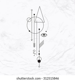 Abstract mystic sign with geometric shapes, triangles, chevrons, arrows, circles, and alchemy and ancient masonic symbols, eye, pyramid. Vector linear illustration. Simple, modern elegant tattoo art.