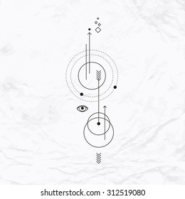 Abstract mystic sign with geometric shapes, chevrons, arrows, circles, dots, and alchemy and masonic symbols, eye, planets orbits and paths. Astrology vector illustration. Simple elegant modern tattoo