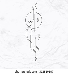 Abstract mystic sign with geometric shapes, arrows, circles, dots. Geometric alchemy and masonic symbols, eye, planets orbits. Vector linear illustration. Magic, simple, modern tattoo art, logo design