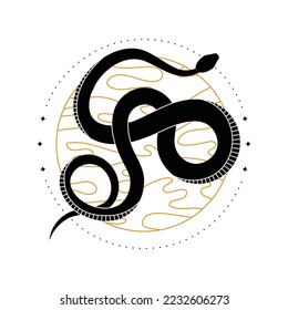 Resumen de composición mística con serpiente negra y cuerpo celestial, planeta. Esoterismo de estilo boho. Ilustración mágica de prácticas espirituales de magia étnica y ritos. Vector místico