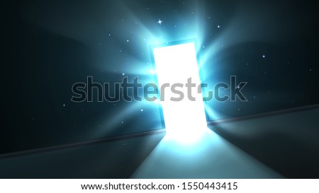Abstract mystical glowing exit, light from the open door of a dark room, attractive hypnotic light tentacles. Open door template, mock up, background