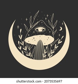 abstract mystical image of wild poisonous witch mushrooms. cosmic moon phases and rituals