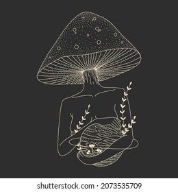 abstract mystical image of wild poisonous witch mushrooms. cosmic moon phases and rituals