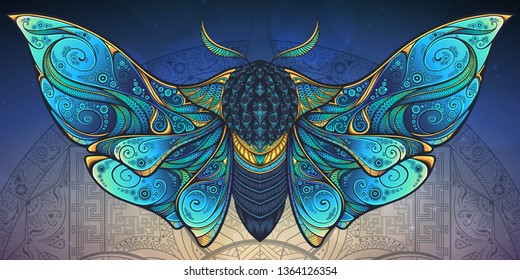 Abstract mystical Moth in psychedelic design. High-detailed vector illustration for tattoo, printing t-shirt and posters etc.