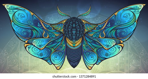 Abstract mystical Moth in psychedelic design. High-detailed vector illustration for tattoo, printing t-shirt and posters etc.