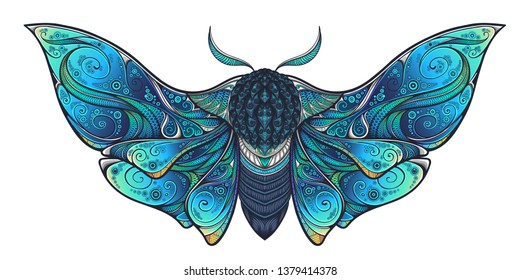 Abstract mystical Moth in psychedelic design. High-detailed vector illustration for tattoo, printing t-shirt and posters etc.