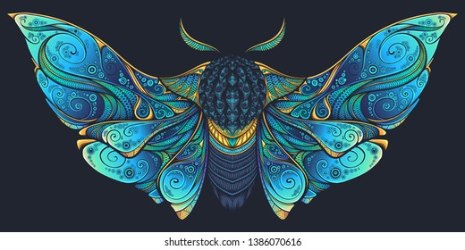 Abstract mystical Moth in psychedelic design. High-detailed vector illustration for tattoo, printing t-shirt and posters etc.