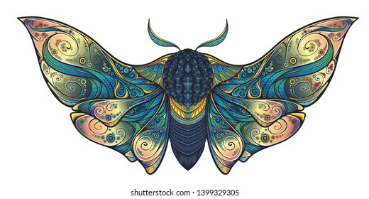 Abstract mystical Moth in psychedelic design. High-detailed vector illustration for tattoo, printing t-shirt and posters etc.